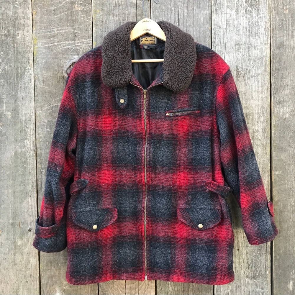VTG 80s-90s Eddie Bauer Womens Shadow Plaid Wool Blend Hunt Chore Barn Coat XL